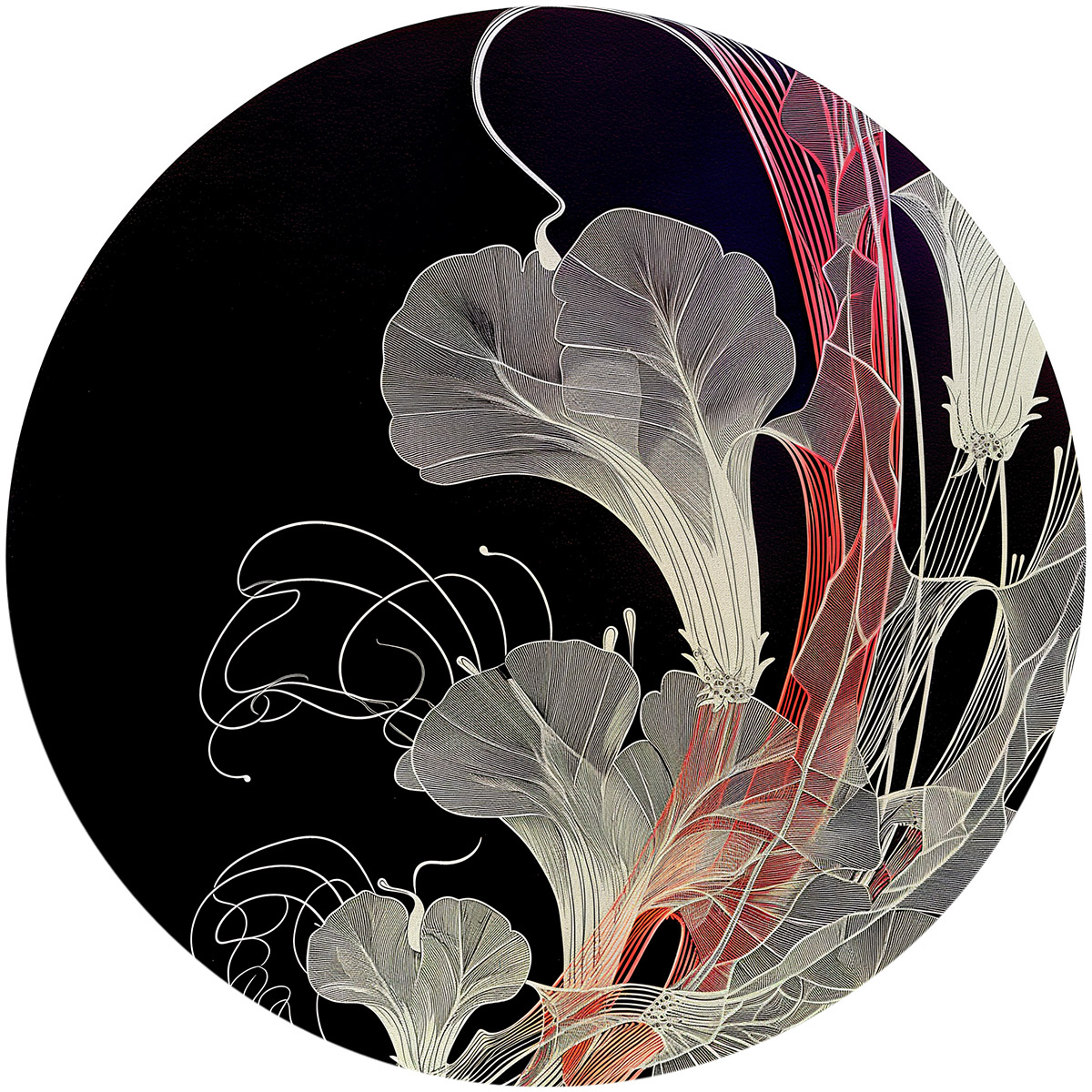 Engraved white bloom on black background, pattern 3, round plate design